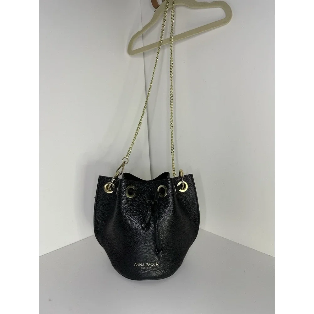 Anna Paola, Bucket Bag Black Pebbled Leather Drawstring Gold Chain Made In Italy